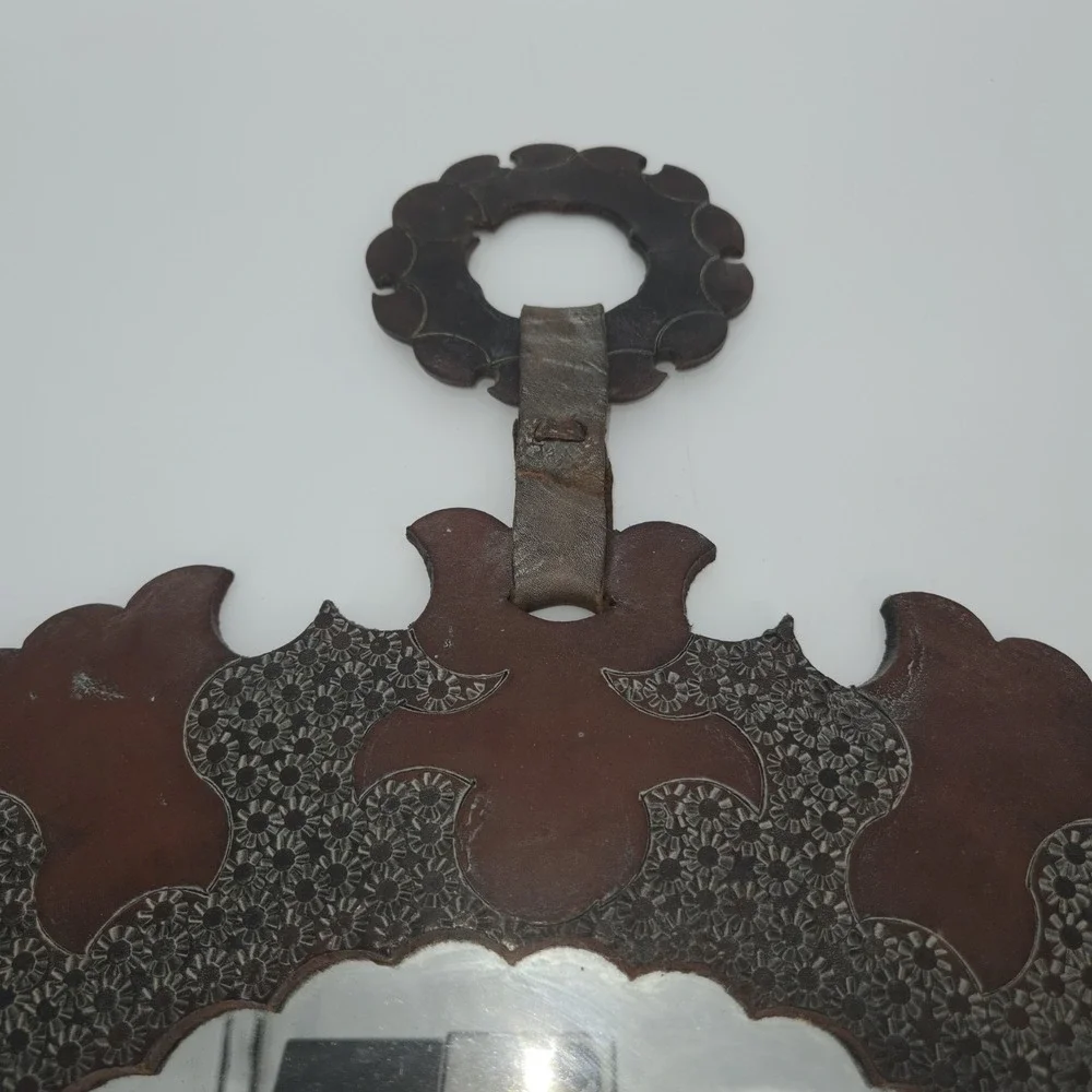 Tooled Leather Round Wall Mirror Floral Boho Moroccan Folk Art Decor Vintage
